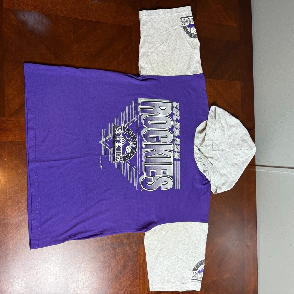 VTG Colorado Rockies Logo 7 Hooded Tee 1992 MLB Purple Made USA L
